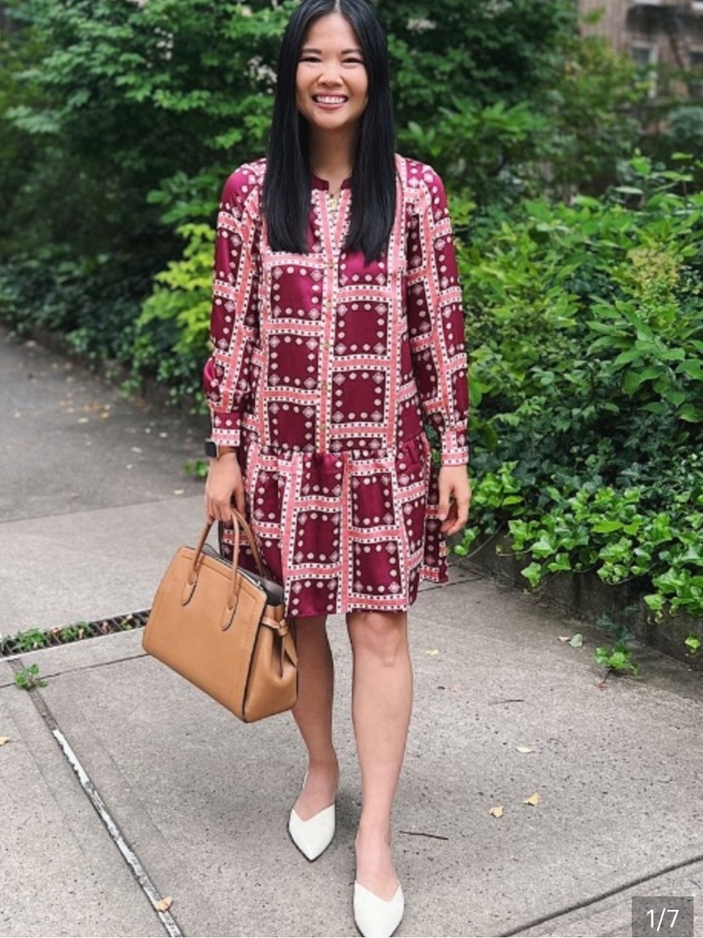 LOFT Burgundy border flounce long Sleeve V-Neck drop waist mini shirt Dress S